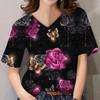 3D Floral Print Women Short Sleeve Tops V Neck Summer Lovers Couples T Shirt