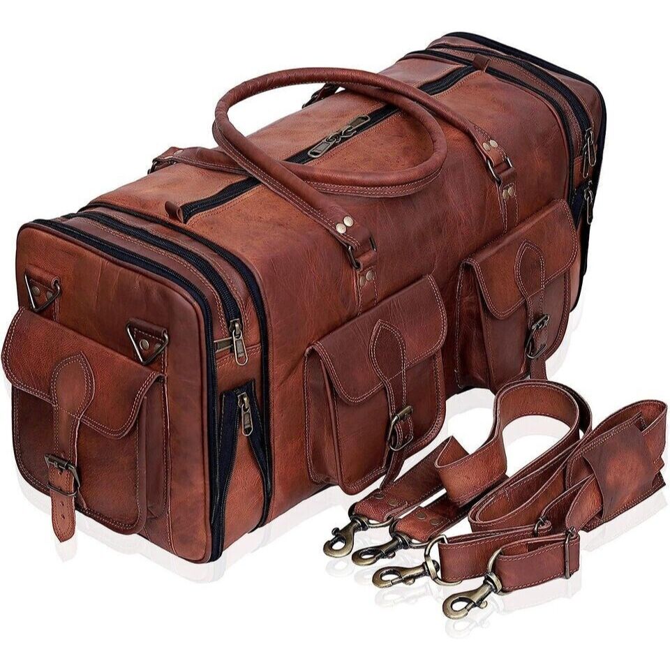 Large Leather Travel Duffel Luggage Men 30" Foldable Weekend Genuine Gym Vintage