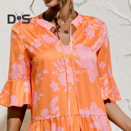 Women's Summer Mini Dress Puff Short Sleeve V Neck Pleated Dress Boho Printed A-Line Short Dress Beach Vacation Tiered Flowy Sundress