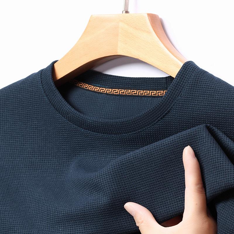 Men's Waffle Knit Long-Sleeve Hoodie - Solid Color Versatile Round Neck T-Shirt for Spring and Autumn