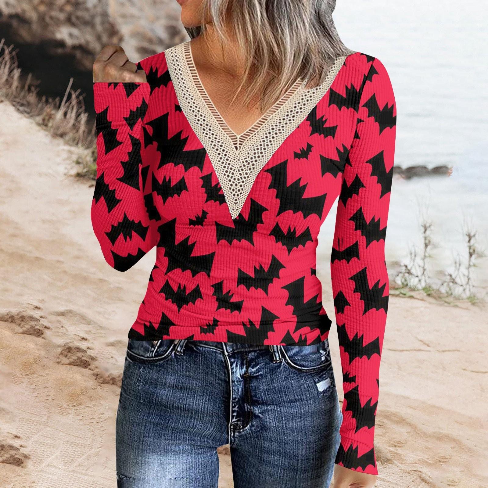 

Женская футболка, модная повседневная футболка с v-образным вырезом и принтом на Хэллоуин, кружевной топ с длинными рукавами