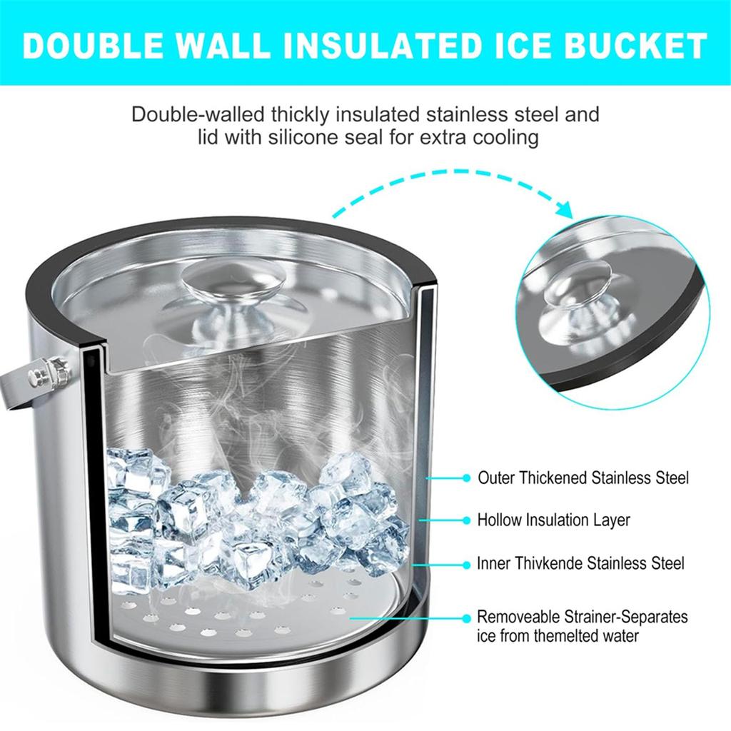 2025+ Ice Bucket with Lid Strainer Tong,2QT Double Walled Insulated Ice Bucket Container, for Chilling Beer Cocktail Parties