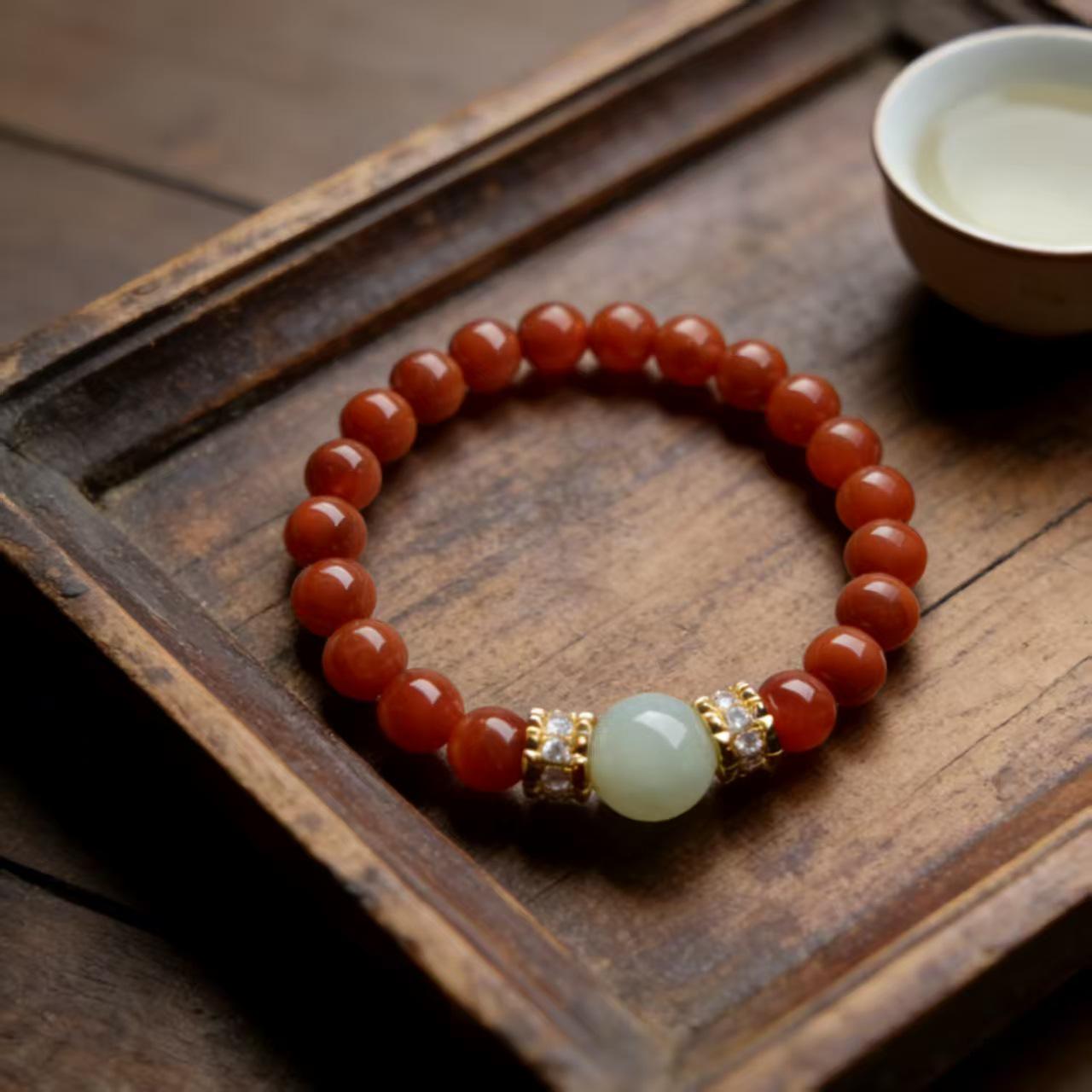 Unisex Red Agate & Hetian Jade Zodiac Bracelet, Prayer Beads, Retro Style Yujige