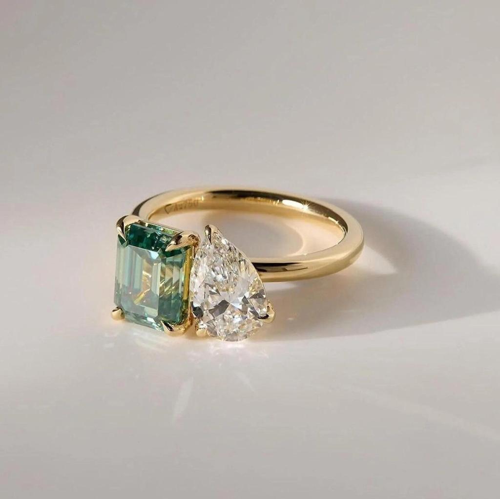 Vintage Toi Et Moi Engagement Ring, Tourmaline & Pear Cubic Zirconia Ring Gold Plated Promise Ring, Engagement Ring