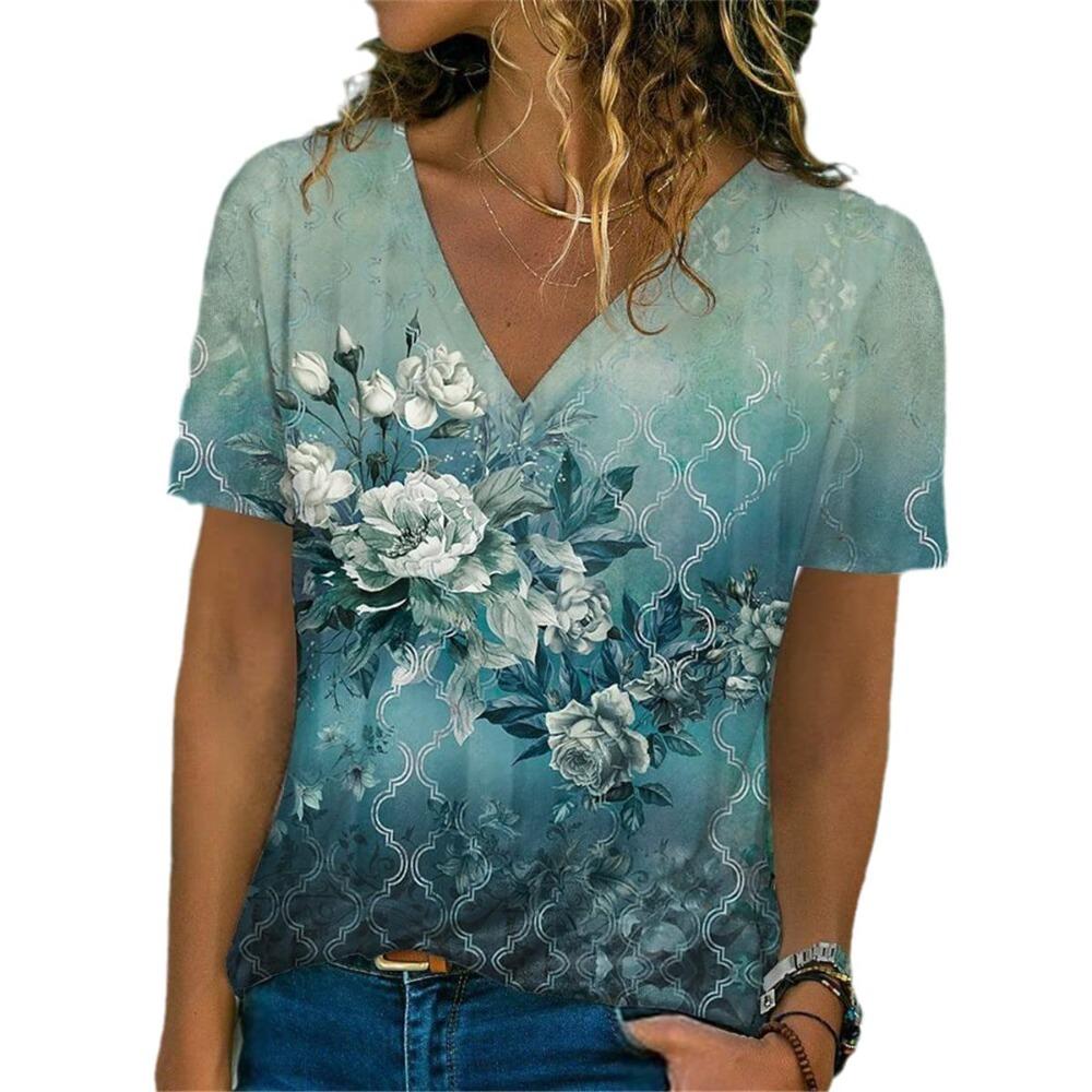 

Summer new women s T-shirt 3d retro gradient floral print V-neck short-sleeved shirt fashion T-shirt clothing S