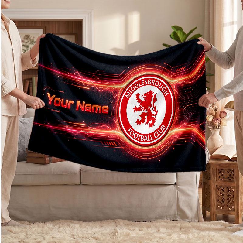 Couverture polaire personnalisée Middlesbrough FC avec logo de football, texte de nom personnalisé, couverture jetée douce et chaude pour la maison