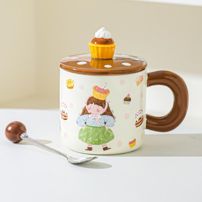 Dessert Bread Boy Girl Ceramic Mug Couple Cup Water Cup with Lid Cute Cup Underglaze Color for Girls