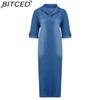 BITCED Summer Denim Dress For Women Casual Spring Blue Maxi Dresses V Neck Half Sleeve Plus Size Long Dresses With Slit