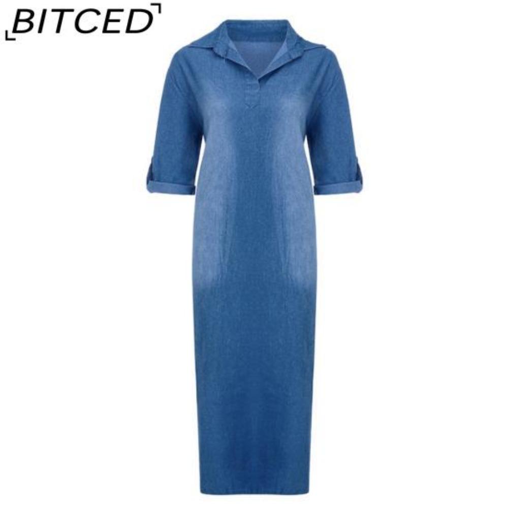 BITCED Summer Denim Dress For Women Casual Spring Blue Maxi Dresses V Neck Half Sleeve Plus Size Long Dresses With Slit