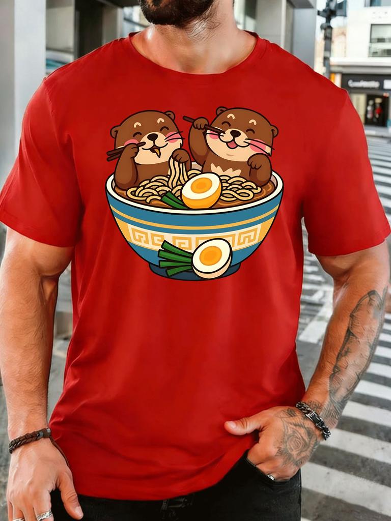 Cute Otters Eating Raunisex Noodles Unisexs Front Print T Shirt Kawaii Animal Food Graphic Tee Casual Short Sleeve Noodle Lover Gift