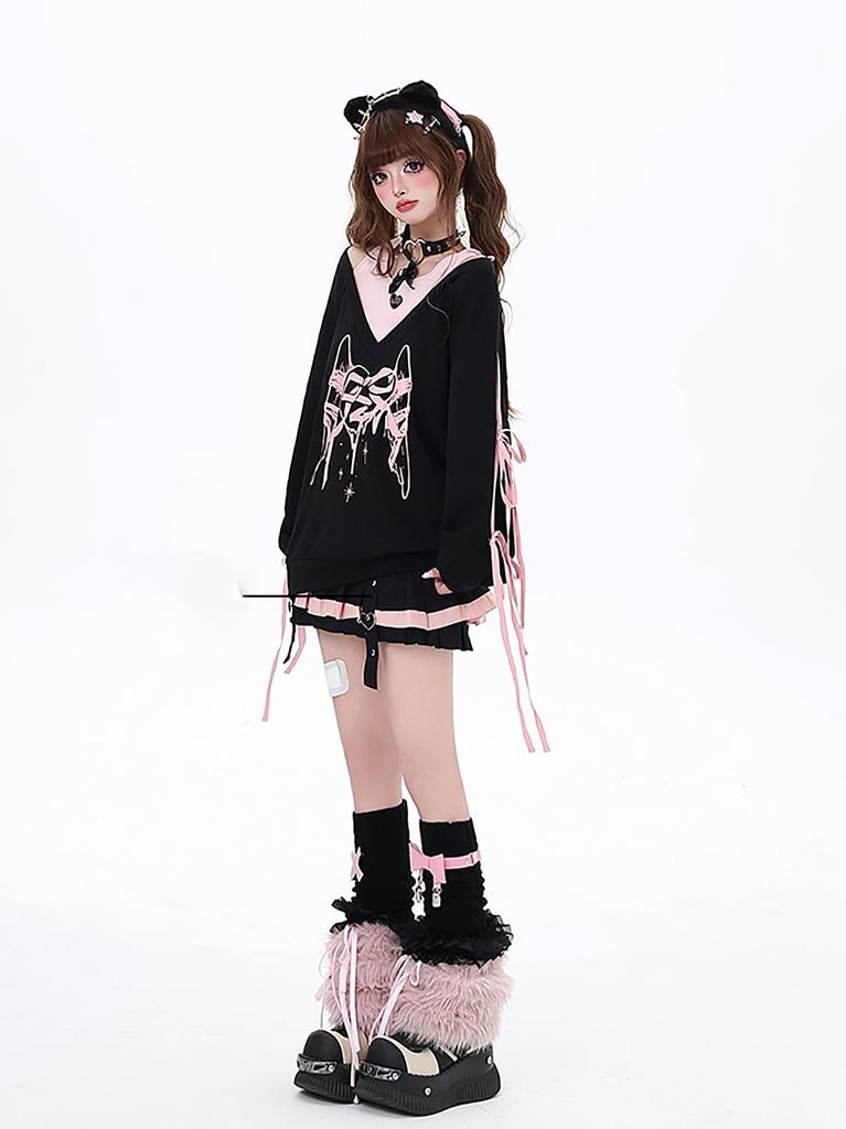 TOWYYO Hoodie mit Band und Lang Perfekt für und Herbst Damen Harajuku-inspiriert Schulterfrei Träger, Ärmel, Print, Y2k, Niedlich, V-Ausschnitt,