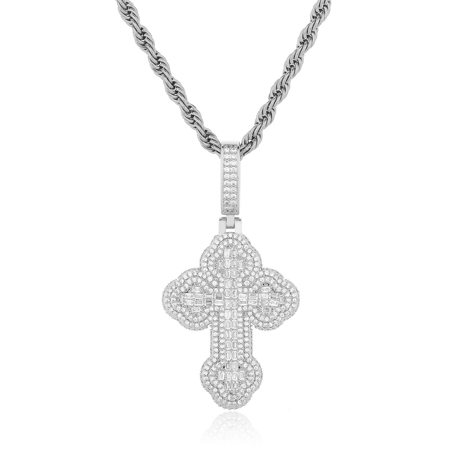 European American Hip Hop Double-layer Ladder Square Cubic Zircon Cross Pendant Necklace Full-inlaid Gold Plated Copper Bamboo