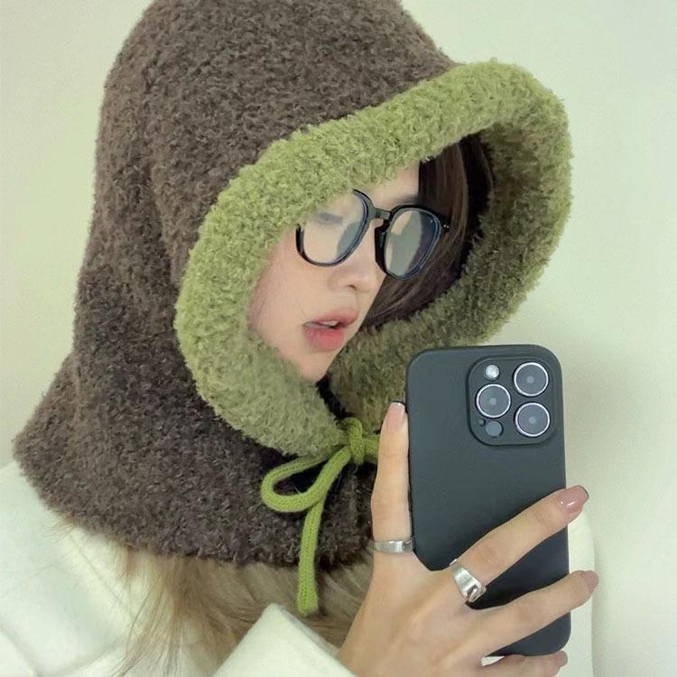 Two-color Spliced Plush Balaclava Hat Women's Winter Drawstring Warm Windproof Ear Protector Neck Pullover Hat