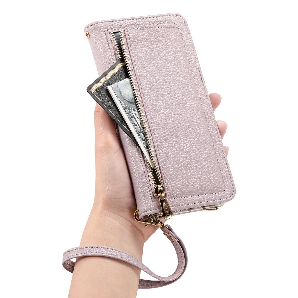 ESEBLE E11 For Samsung Galaxy S25 FE Case Zipper Pocket Litchi Texture Leather Phone Cover with Mirror and Wrist Strap