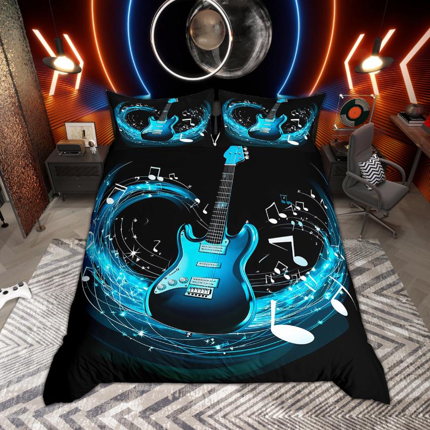 Zestaw poszwy na kołdrę Homewish z motywem muzycznym, Zestaw pościeli z gitarą w stylu hippie, Zestaw poszwy na kołdrę z nutami muzycznymi, Dekoracja sypialni