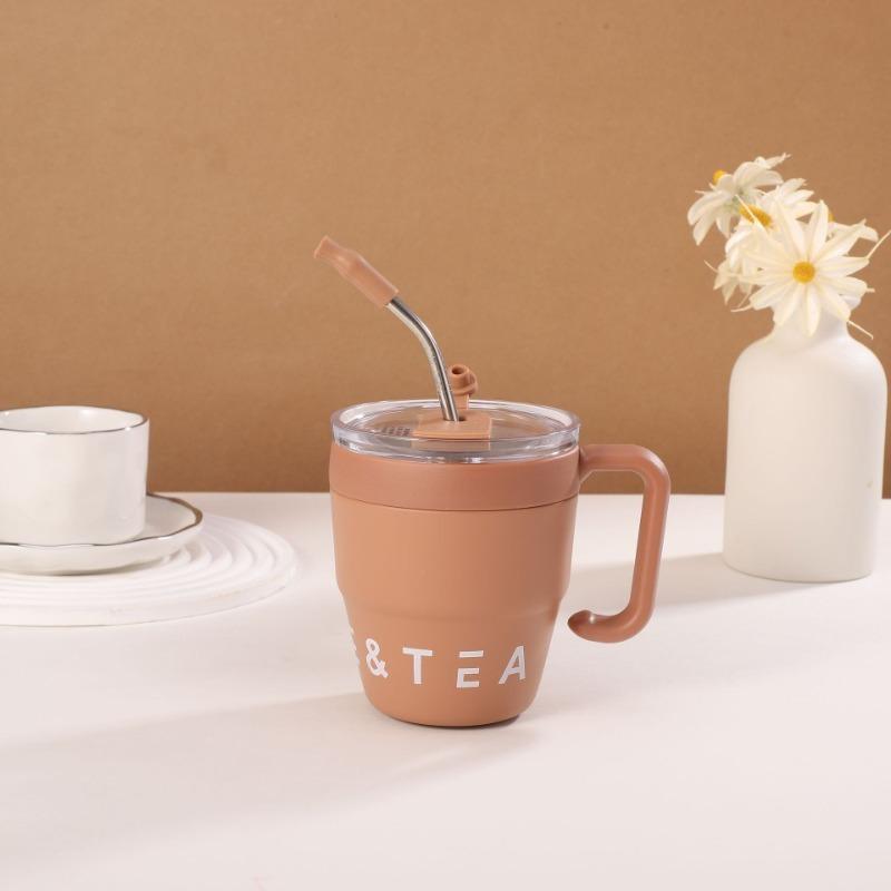 480ml 304 Stainless Steel Mug with Straw Lid Japanese Tea Cup Double Layer Coffee Cup Milk Cup Thermos Mug Outdoor Bottle