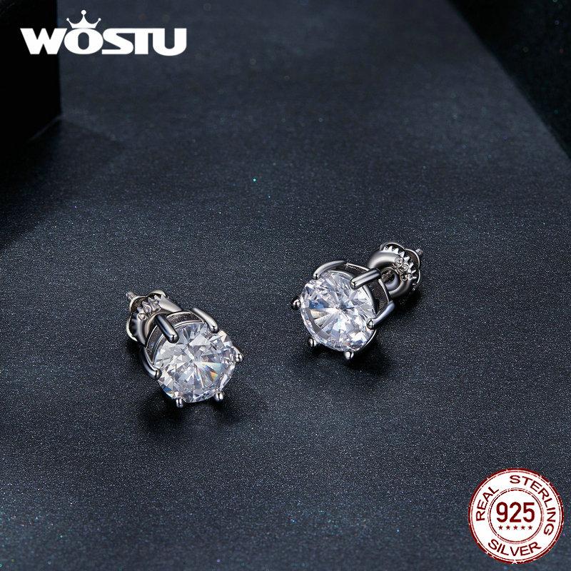 WOSTU Basic Wedding Crown Stud Earrings Solid 925 Sterling Silver Clear Cubic Zirconia Women Engagement Studs Earring 5-8 MM