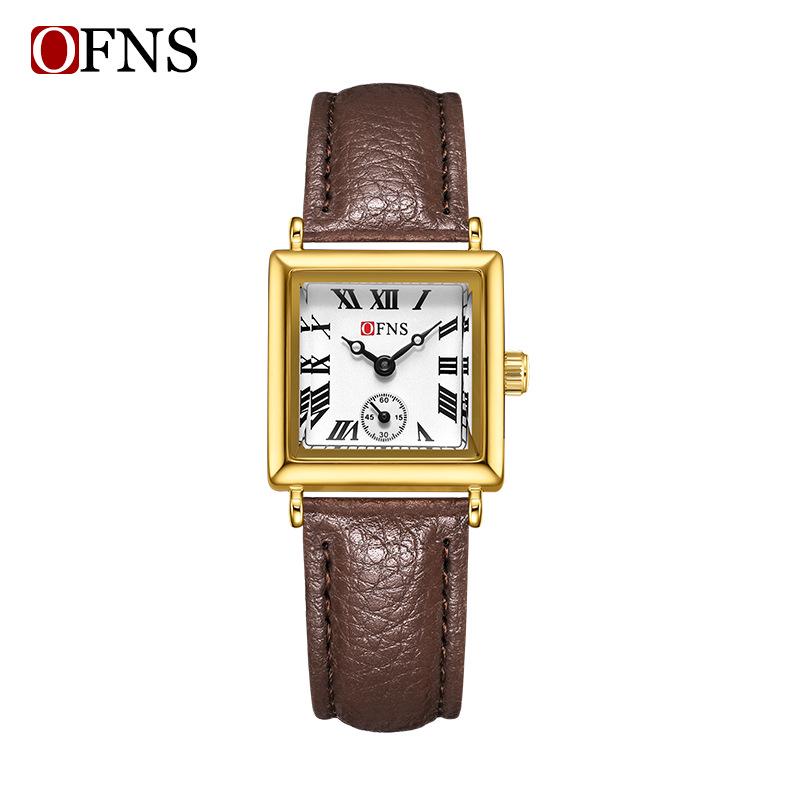 OFNS Retro Leather Strap Women s Business Quartz Watch - Square Dial, Steel & Mesh Straps, Two-Hand Design