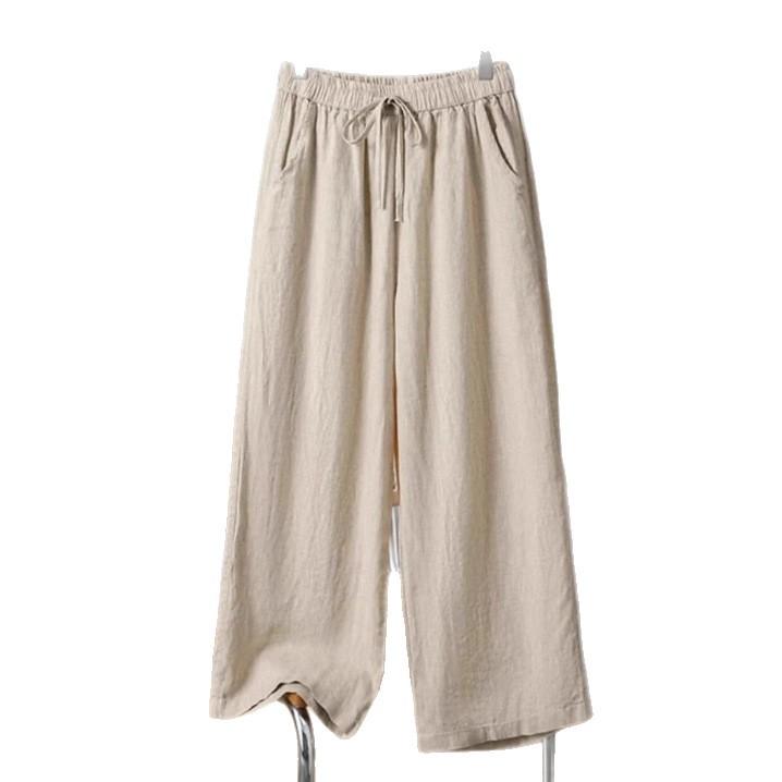 Dames Elastische Taille Linnen Broek - Effen Kleur Wijde Pijpen Broek, Ademende Losse Pasvorm Palazzo Broek