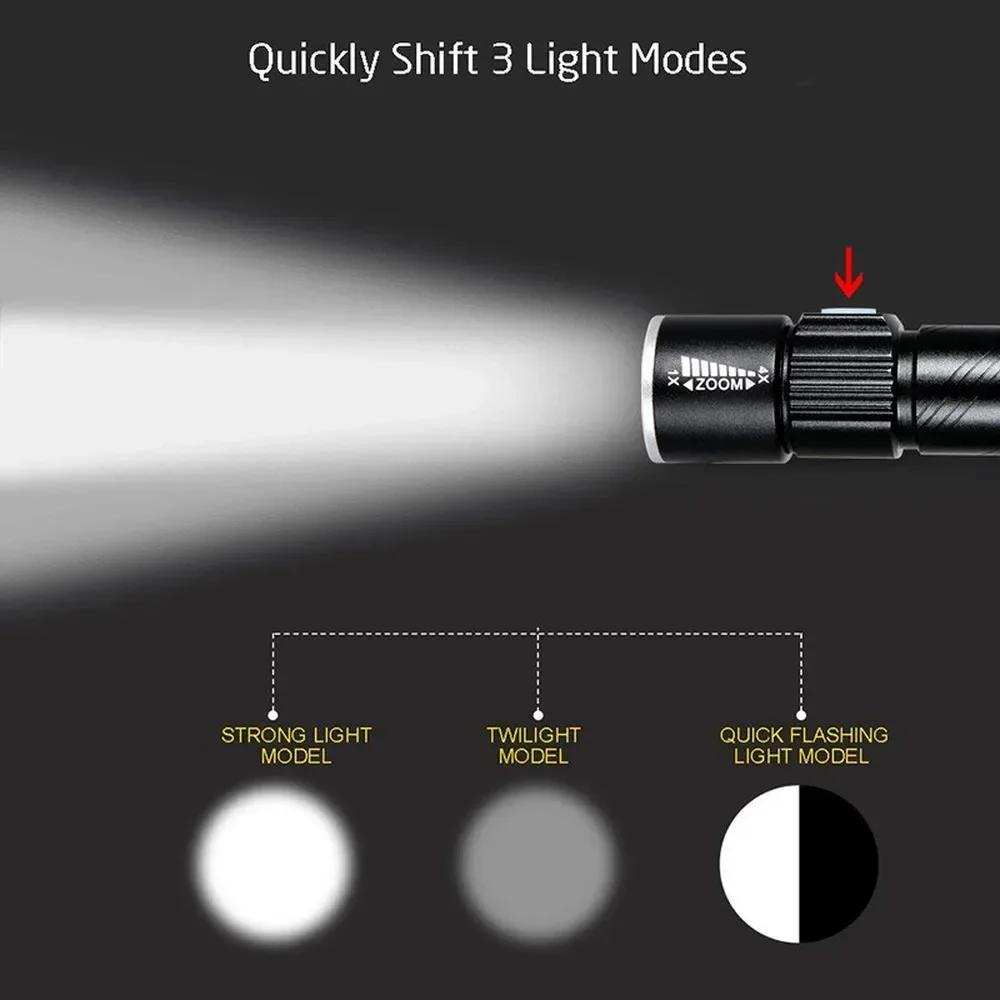 USB Built-in Battery Rechargeable Lasting Flashlight Q5 3 Modes Mini Zoom Light Flash Waterproof Tactical Camping Bike Torch