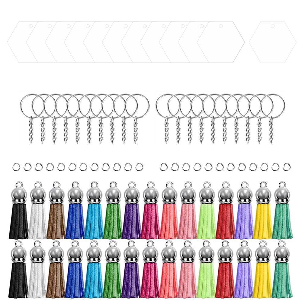 120-Piece Acrylic Keychain Set with Tassels and Small Spike Pendants, Transparent Round Blanks