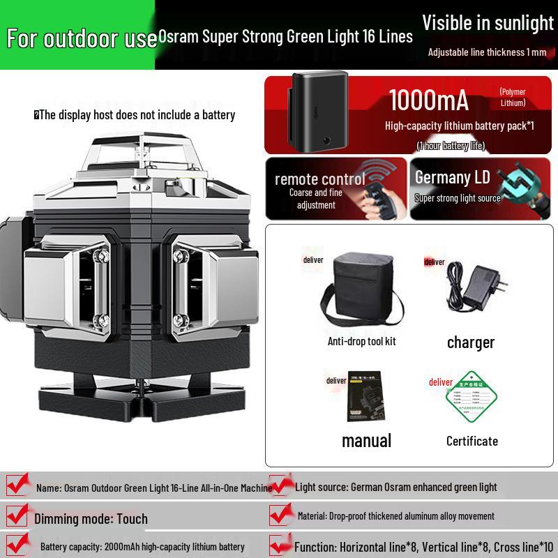 12-Line Green Laser Level with Automatic Leveling for Walls and Floors