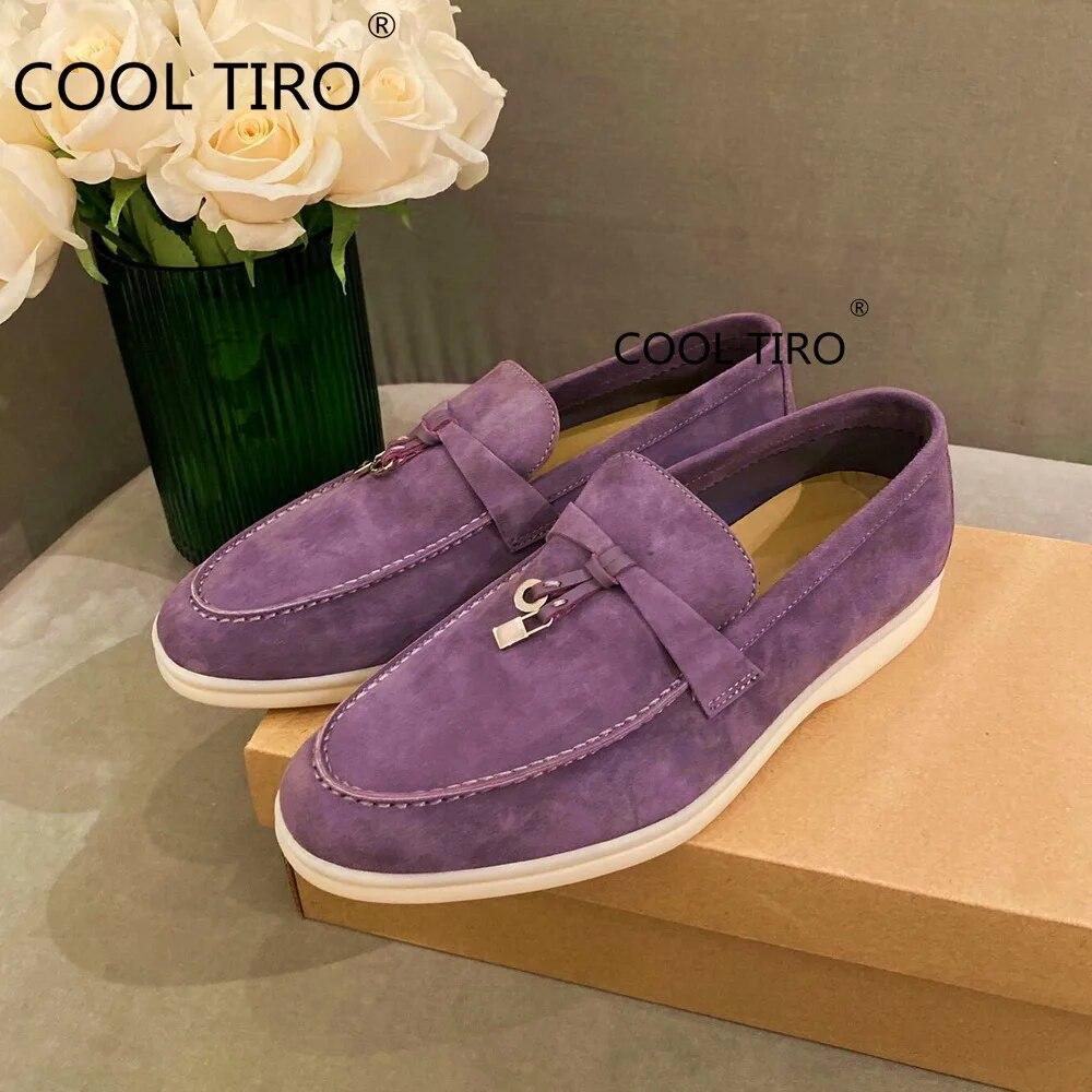 Woman Flat Shoes Slip On Women Loafers Leather Metal Lock Blue Suede Moccasins Mules Casual Driving Shoe Summer Walk Shoes Femme