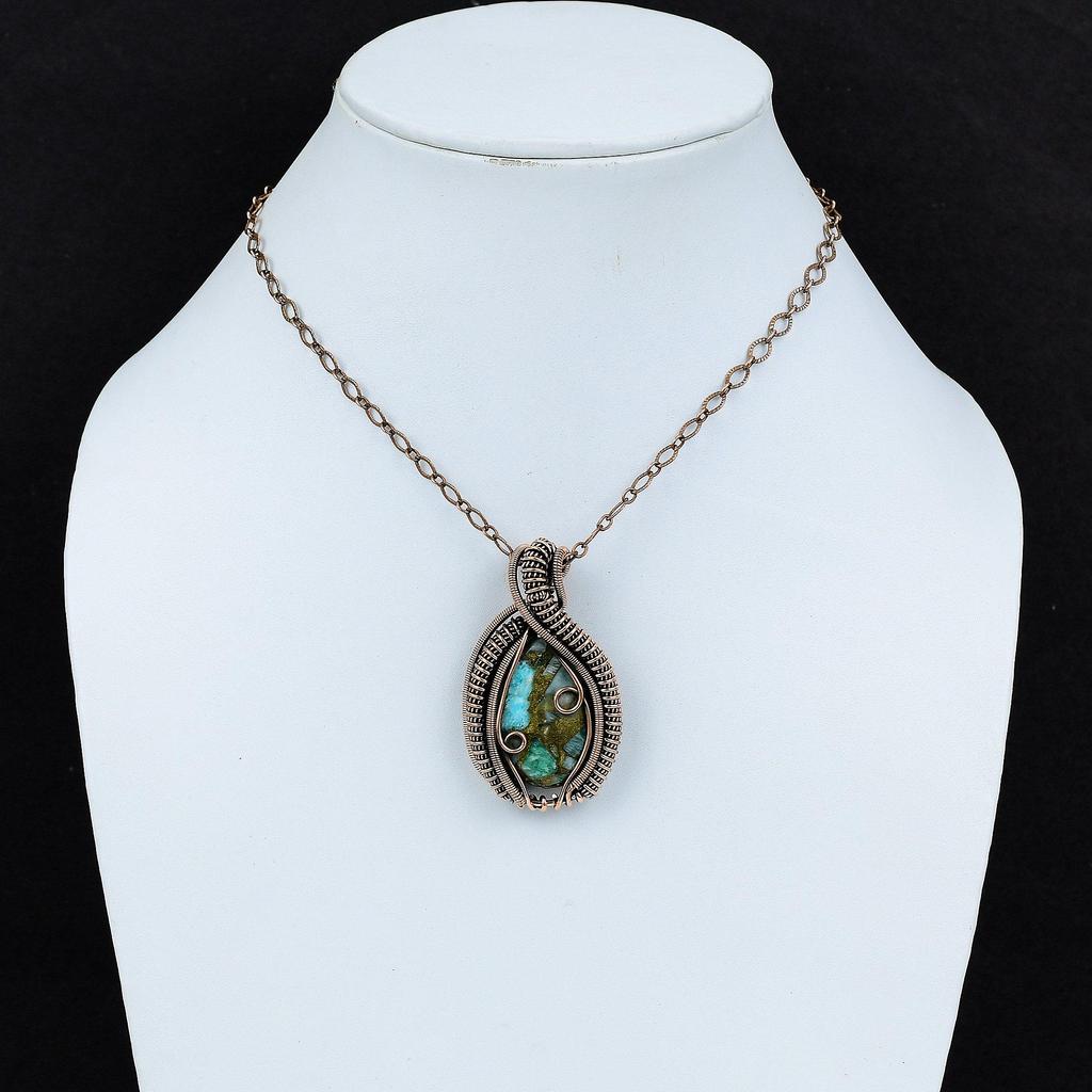 Copper Amazonite Pendant Copper Wire Wrapped Gemstone Jewelry Handmade Unique Pendant Amazonite Jewelry For Gift Copper Wire Wrapped Pendant