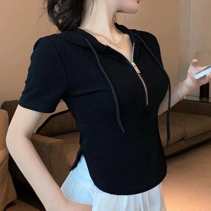 New Summer Chic and Fashionable Hooded Zipper Solid Color Hot Girls Short High Waist Pure Cotton Short-sleeved T-shirt Top