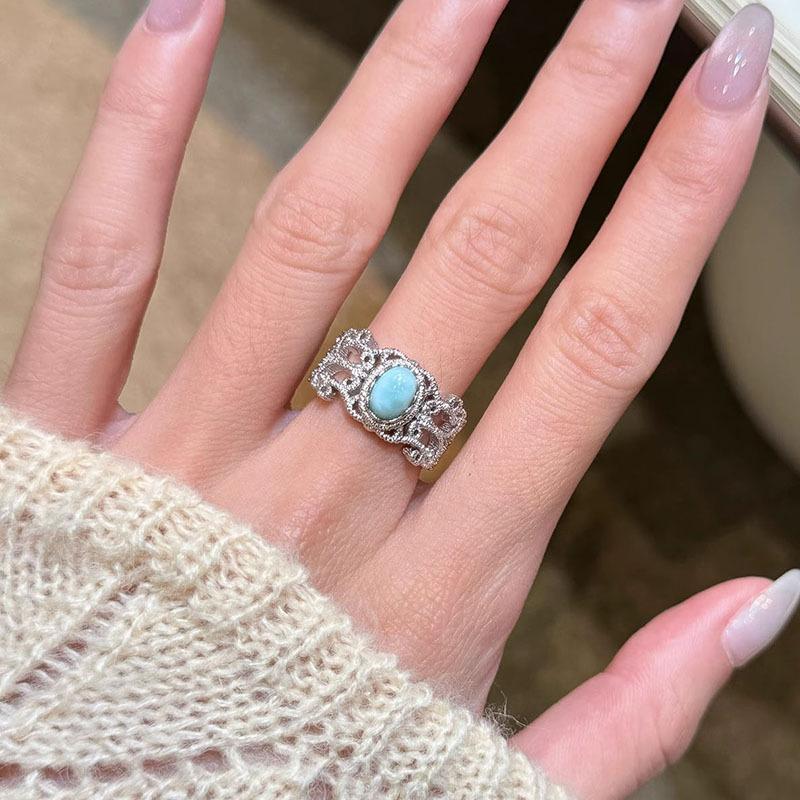 

Silver 925 hollow out lace texture Sea patterned stone rings for women sweet and unique style blue ring wedding jewelry gift resizable серебряный