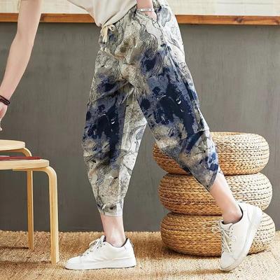 Men Summer Harem Pants Elastic Drawstring Waist Pockets Design Casual Trousers Printing Bloomers Thin Loose Fit Beach Pants Streetwear