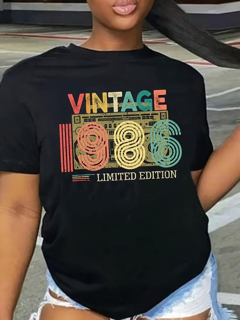 Womens Vintage 1986 Graphic Tee Casual Short Sleeve Crewneck Colorful Geometric Print Casual Wear Tee Geometric Print Shirt