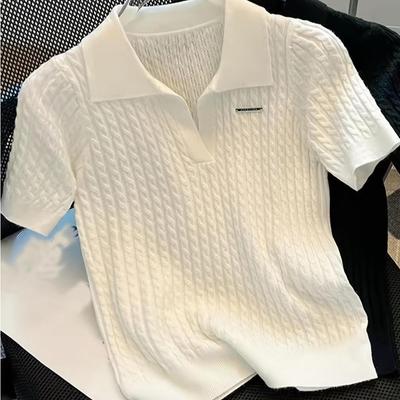 Temperament Revers Ijszijde Gebreide Top Zomer Losse Dunne Twist Korte Mouw T-shirt