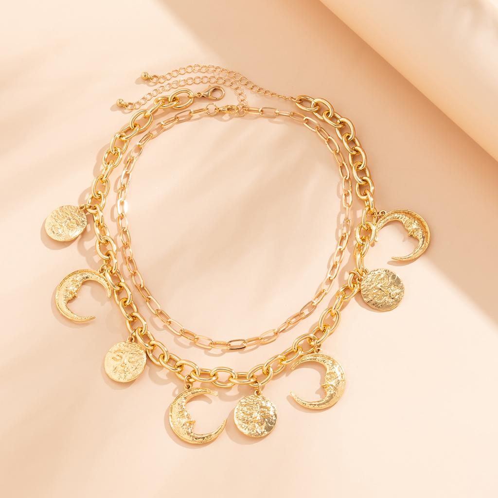 JMXD-jewelry, Star and Moon Fringed Portrait Pendant, Metal Necklace, Exaggerated Geometric Sweet and Cool Style Personalized Necklace.