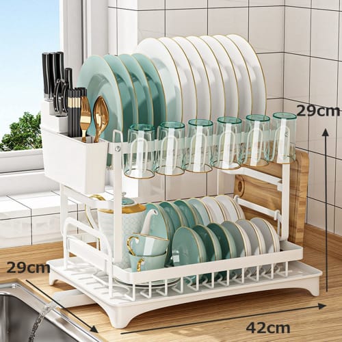 Fainyearn 2-Tier Dish Drainer, Large Capacity, Slim, Over-the-Sink Dish Drainer with Compact Cutting Board Holder, 42cm Wide x 29cm High x 29cm Deep,