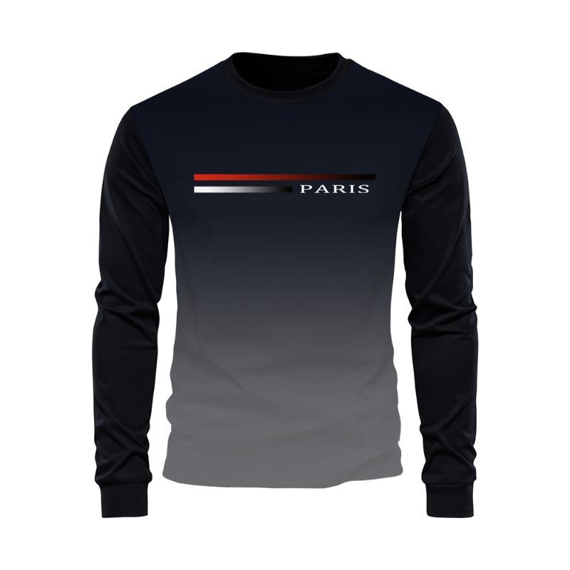 Men's Spring And Fall Fashion Casual Long-sleeved T-shirt Loose PARIS Letters Printed Pullover Round Neck Long Sleeve Sweatshirt