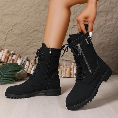 Bottes Mode Mi-Mollet Femme 2025 Automne/Hiver Bout Rond Mode Boucle de Ceinture Noir Fermeture Éclair Latérale Mode Botas Rétro Chaussures Femme Plateforme