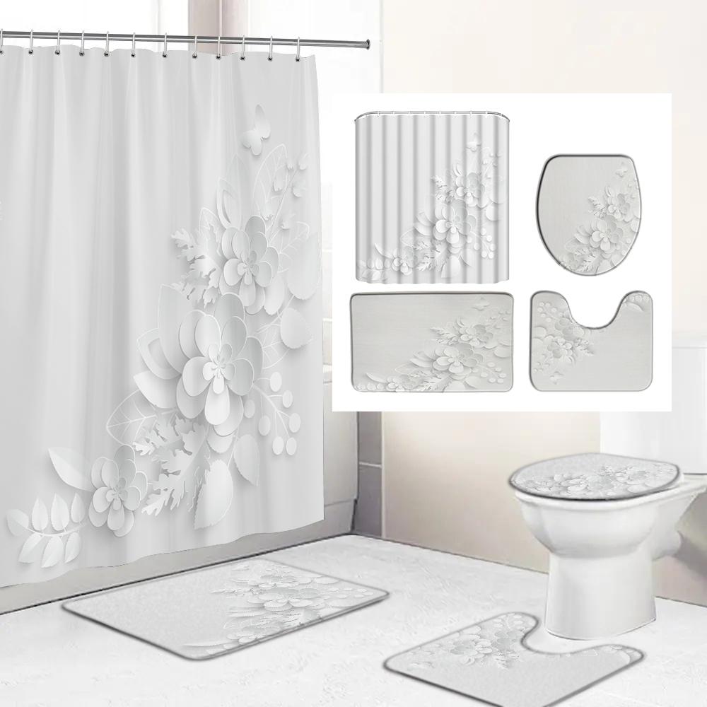 Elegant Bukett Av Fantastiska Vita Blommor 3D-stil Duschdraperi Badrumsgardin Med Badrumsmatta Mattset Blommig Heminredning