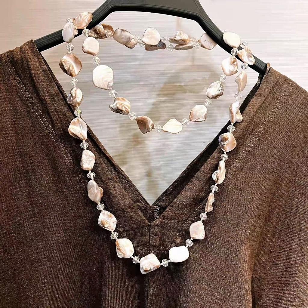 JMXD-Retro Shell Crystal Beaded Long Necklace, Sweater Chain Women's Light Luxury High-end Fashion Temperament Accessories