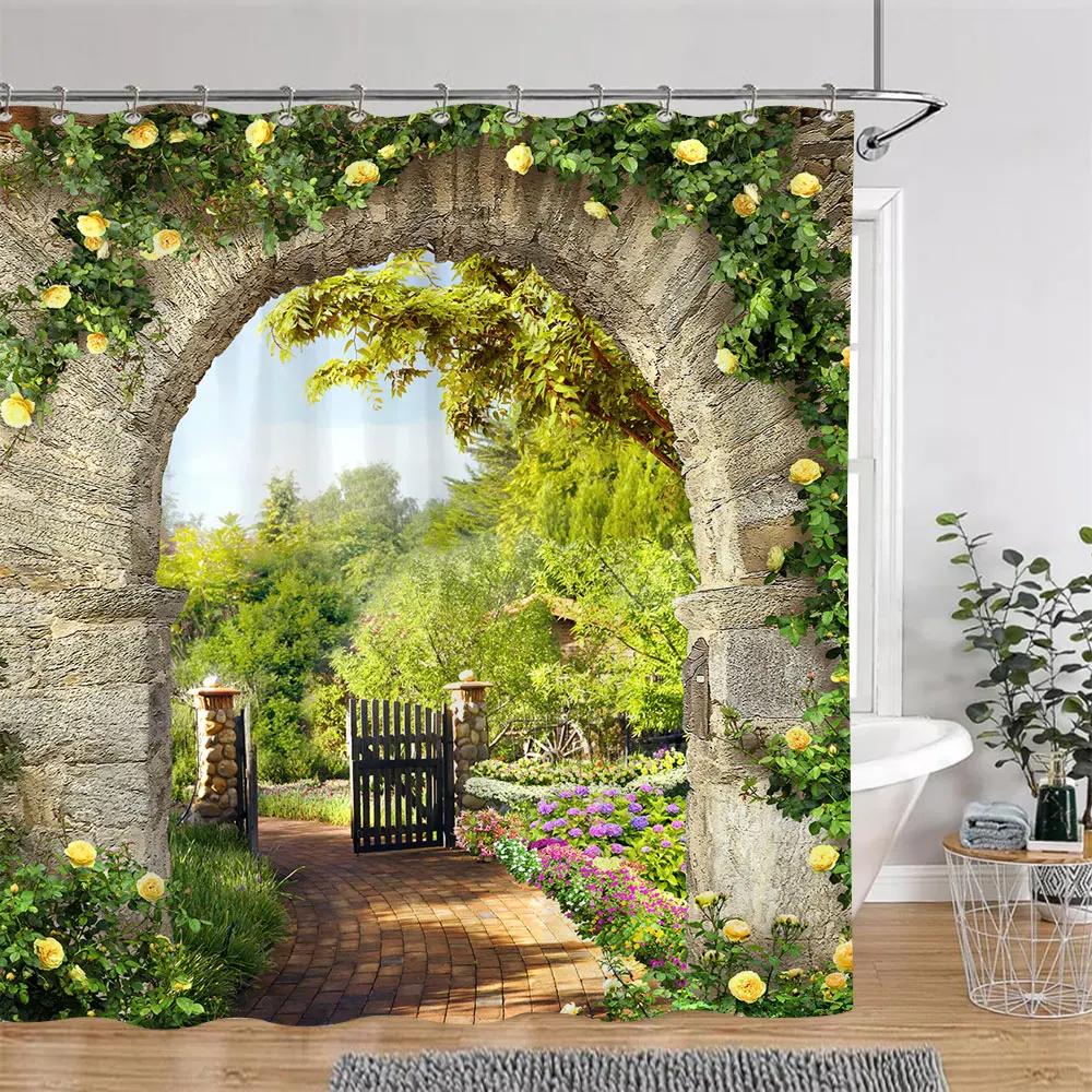 Sonnenschein Grün Wald Braun Fenster Duschvorhänge Bäume Pflanzen Natur Landschaft Polyester Badezimmer Vorhang Set Dekor Mit Haken