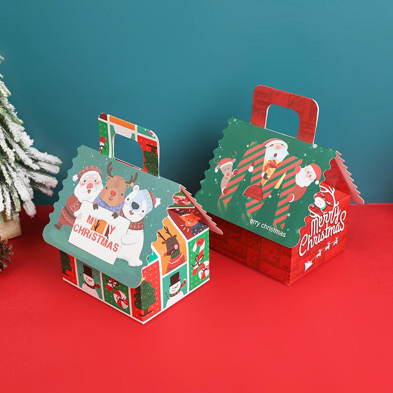 4 Stück Weihnachts Hausform Geschenkboxen Kraftpapier Süßigkeiten Kekse Geschenkverpackungsbox mit Henkel Weihnachtsbaum Anhänger Partyzubehör