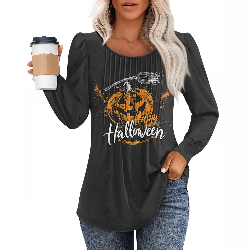 Women's Casual Fashion Long Sleeve Print Pleated Round Neck Shirt Casual Tops