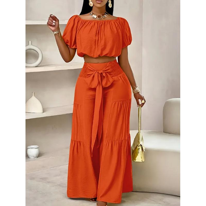 Women's Casual Short Sleeve Top + Wide Leg Pants Suit Fashion Streetwear Tie Up Commuter Outfit Summer Solid Loose Two Piece