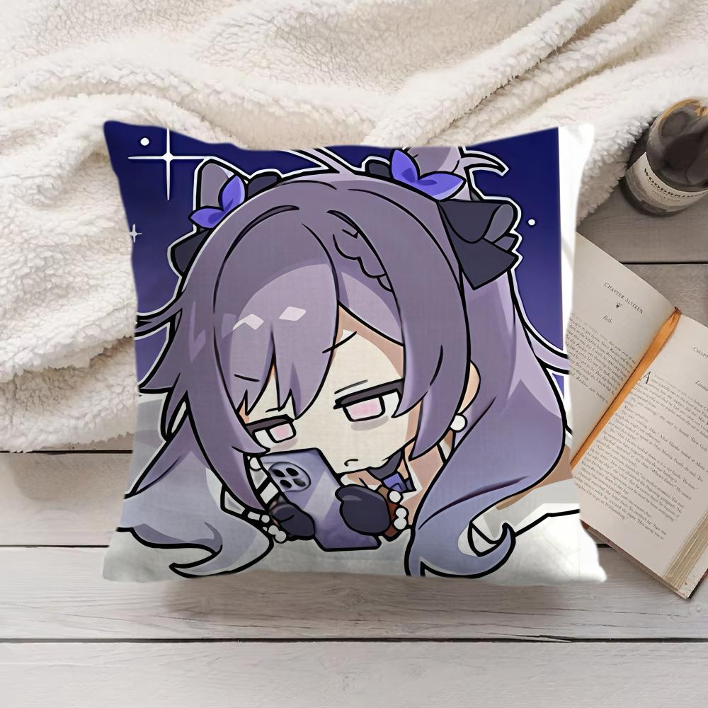 Keqing Cute Genshin Impact Cushion Cover Silky Short Plush Invisible Zipper Dustproof Sofa Pillow Case For Home Decor