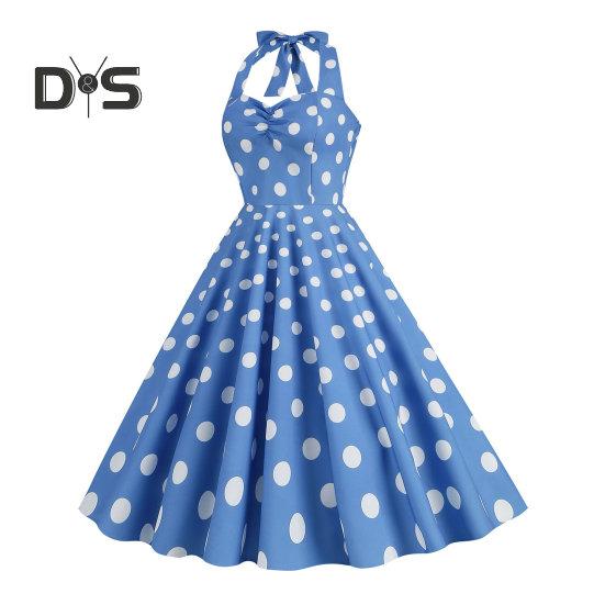 Women Vintage Dress 50s Retro A-line Big Swing Sleeveless Dot Print Contrast Color Elastic Bust Halter Neck High Tight Waist Backless Knee Length