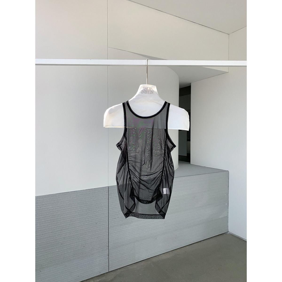 Women s Sleeveless Vest: Pleated Waist, Mesh See-through Top, Round Neck Medium чёрный