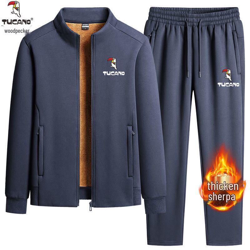 Woodpecker Men's Winter Lambswool Tracksuit Set - Stand Collar, Fleece-Lined, Loose Fit, Two-Piece