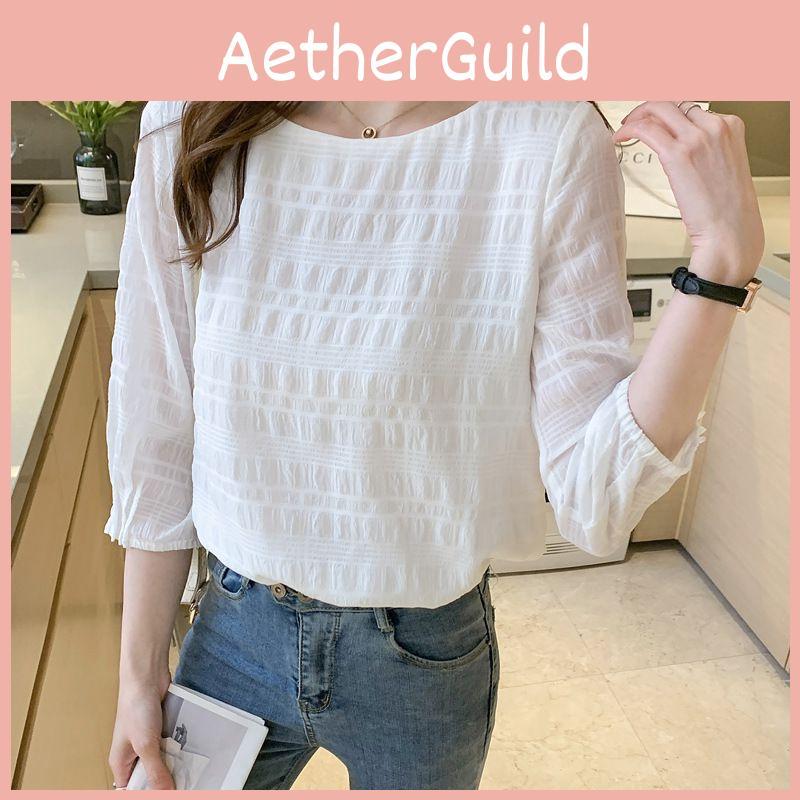 Elegante Blusa de Estilo Coreano para Primavera e Verão com Mangas de Sete Partes para Uso Versátil