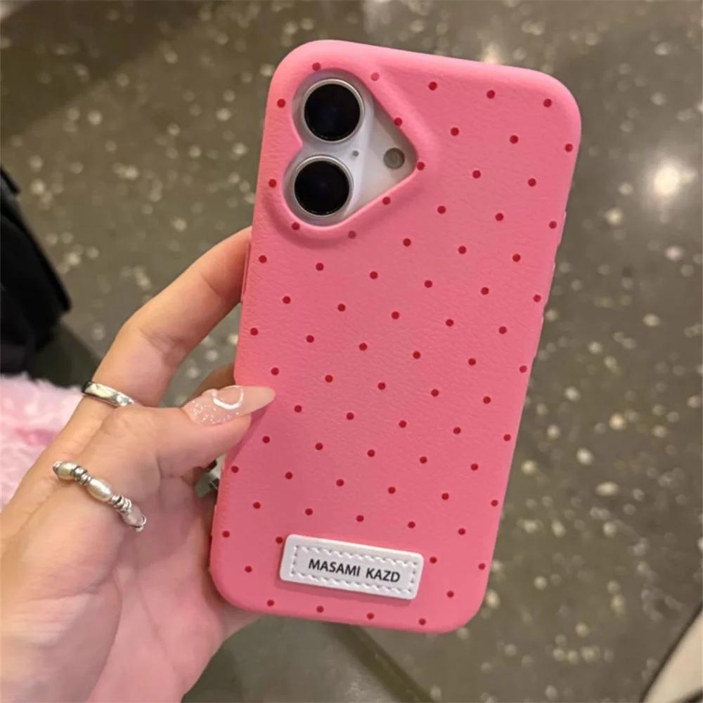 Korean Cute Love Heart Shape Camera Dots Leather Case For iPhone 17 Air 16 Pro 15 14 13 12 Pro Max Japan Kawaii Girl Soft Cover