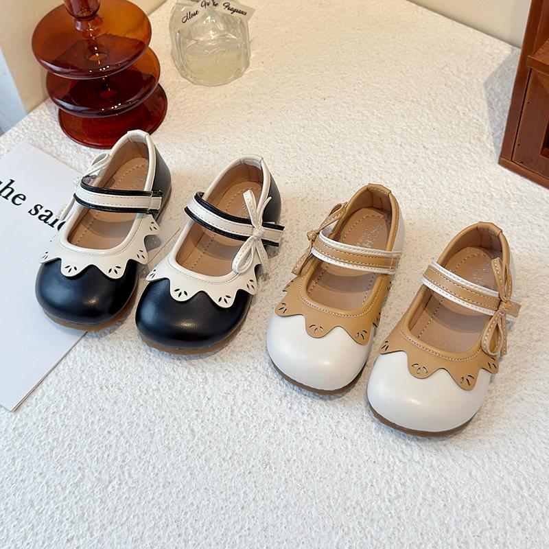 Kids Leather Shoes Round Toes Non-slip Girls Flat Shoes Soft Sole Ins Trendy 2025 New Children Flat Shoes Side Bows Sweet Cute